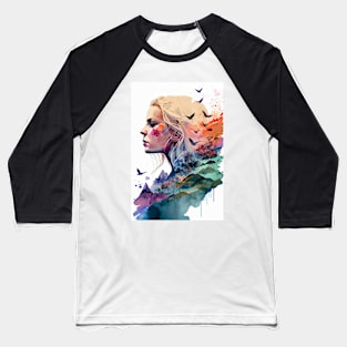 Double Exposure of Woman in Nature Baseball T-Shirt